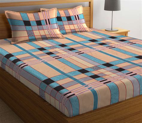 Buy Multicolor Striped 300 Tc Cotton Blend Double Bedsheet With 2