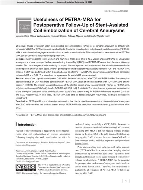 PDF Usefulness Of PETRA MRA For Postoperative Follow Up Of Stent