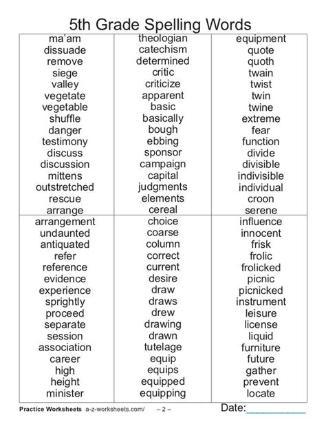 5th Grade Spelling Word Lists Free Printable