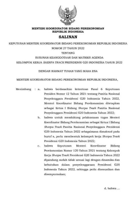 Keputusan Menko Perekonomian No 27 Tahun 2022 Tentang Susunan