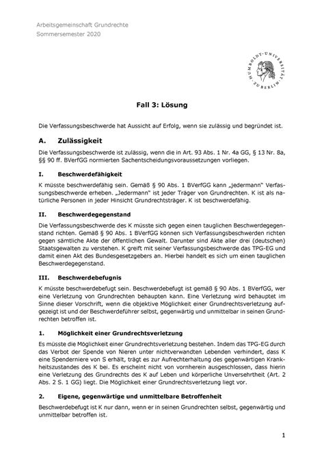 Lösungsskizze Fall 3 Arbeitsgemeinschaft Grundrechte Sommersemester