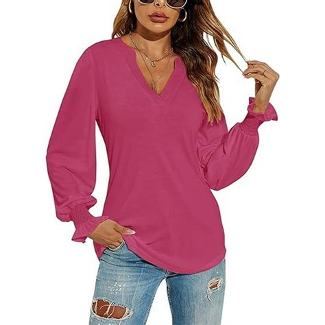 Temofon Womens Casual V Neck T Shirts Loose Puff Long Sleeve Tops