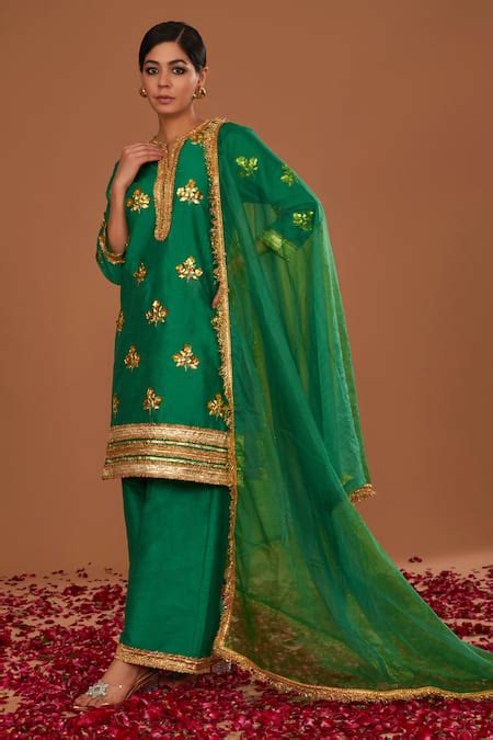 Buy Green Kurta And Pant Dupion Embroidered Gota Notched Set For Women