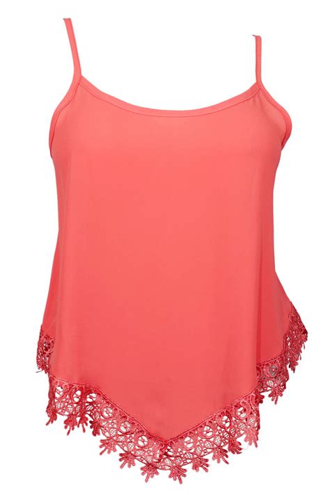 Plus Size Asymmetric Lace Trimmed Spaghetti Strap Tank Top Coral