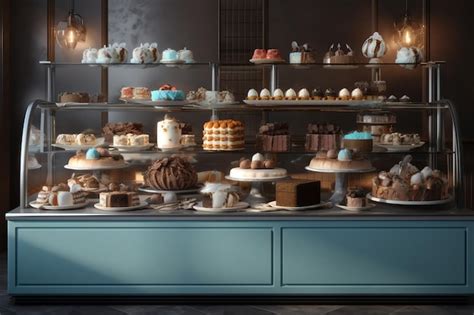 Premium Photo | A display of cakes and pastries at a bakery.