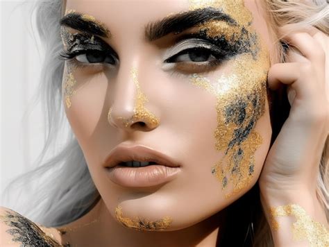 Premium AI Image Blonde Model With Gold Face Paint Photography