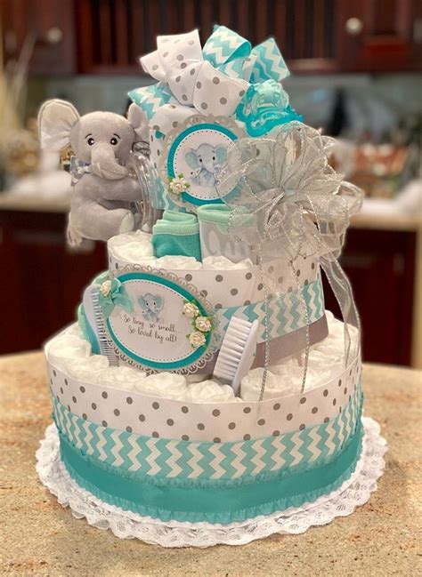 4 Tier Diaper Cake Teal Elephant Diaper Cake Baby Boy Diaper Etsy