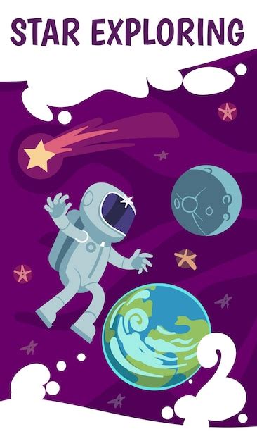 Cartoon Space Flyer Astronaut Planet Erde Und Mond Himmelsobjekte