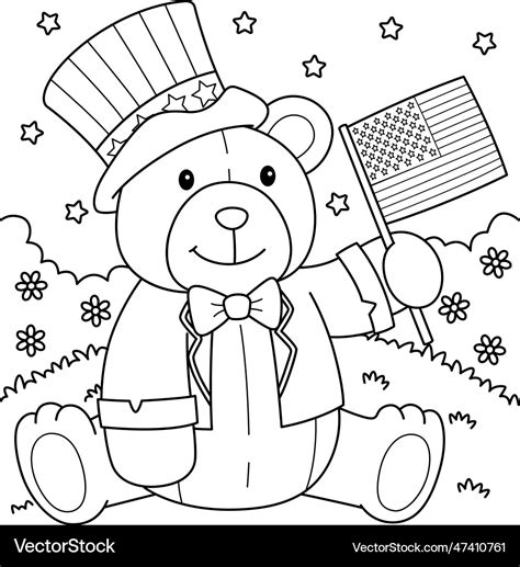 4th of july teddy bear with us flag coloring page Vector Image