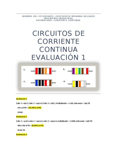 Circuito DE Corriente Continua Evaluación 01 N O M B R E D E L E S T