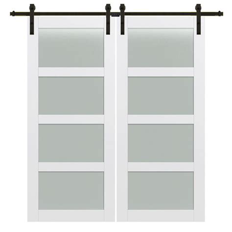 Mmi Door 72 In X 84 In 4 Lite Frosted Glass Primed Mdf Double Sliding Barn Door With Hardware