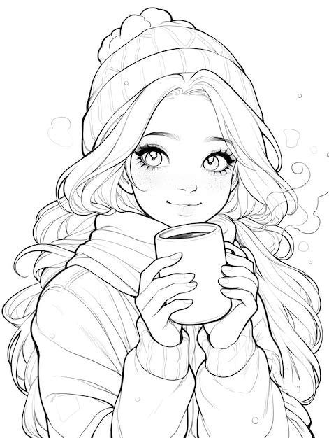Girl With Hot Chocolate Anime Coloring Page Premium AI Generated Image