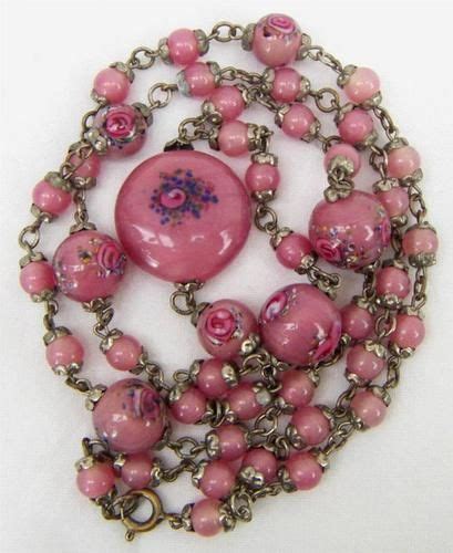 Vintage Czech Bohemian Satin Glass Bead Necklace Pink Lampwork Flowers Ebay Czech Glass