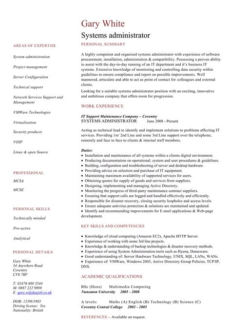 Systems Administrator Cvtemplate Pdf