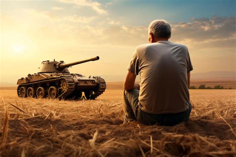 Premium AI Image A Farmer Watches A Tank Drive Through His Wheat