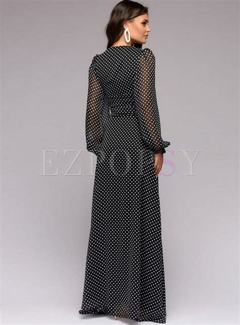 Black Polka Dot Lantern Sleeve Chiffon Dress Long Skirt Fashion Chiffon Dress Dress