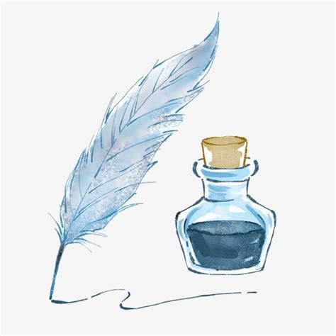 A Feather Quill Next To A Glass Bottle With Ink In It And A Blue Ink Pen