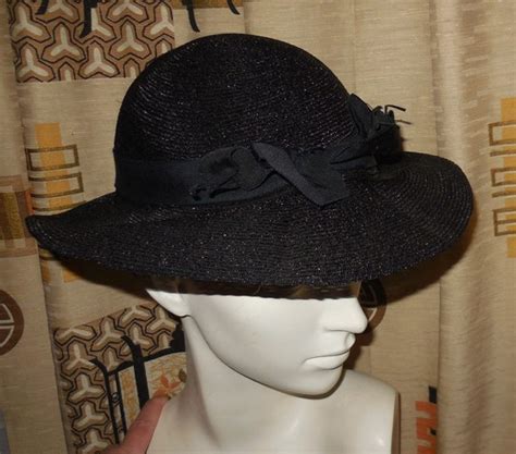 Vintage 1930s 40s Hat Round Black Straw Hat Wide Brim Large Etsy