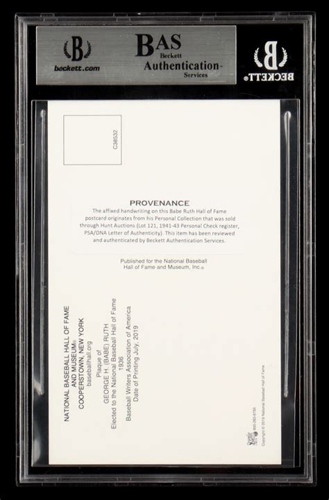 Babe Ruth Signed Cut On Hall Of Fame Plaque Postcard BAS Pristine Auction