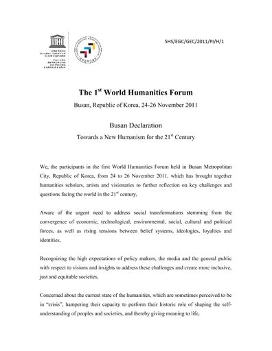 Busan Declaration Towards A New Humanism For The 21st Century