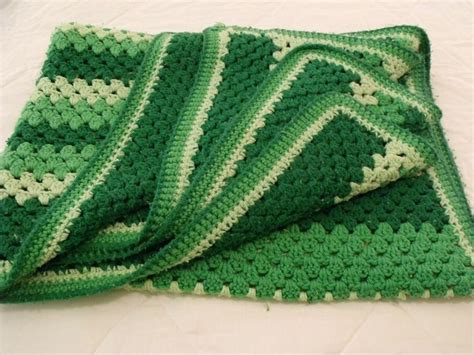 Green Shades Stripe CROCHETED AFGHAN Throw Blanket 46 X 66 St Patr