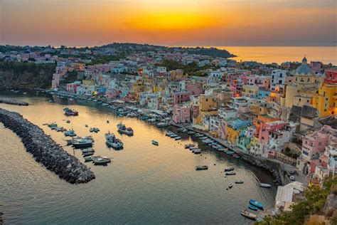 Sunset View Of Marina Di Corricella At Italian Island Procida Editorial