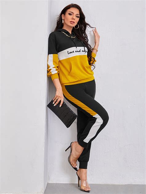 Shein Mulvari Letter Graphic Colorblock Drop Shoulder Drawstring Hoodie