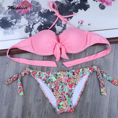 Melphieer Two Piece Women Pink Bikini Set Elegant Summer Underwired Push Up Swimwear Bathing
