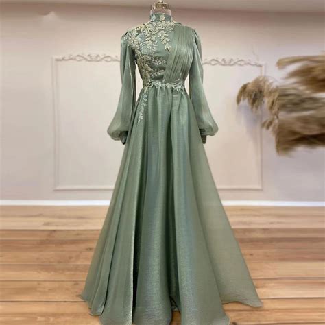 Pale Green High Neck Long Sleeves Lace Floral A Line Women Formal