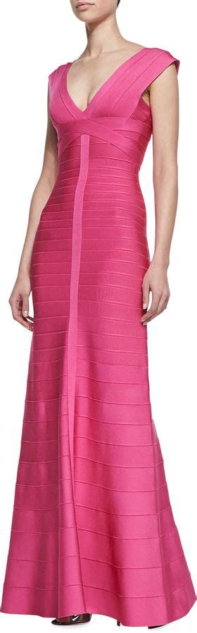 Bergdorf Goodman Herve Leger Combo V Neck Bandage Gown Celebrity