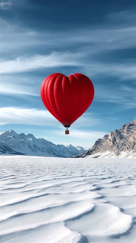 A Red Heart Shaped Hot Air Balloon Flying Over A Snow Covered Field