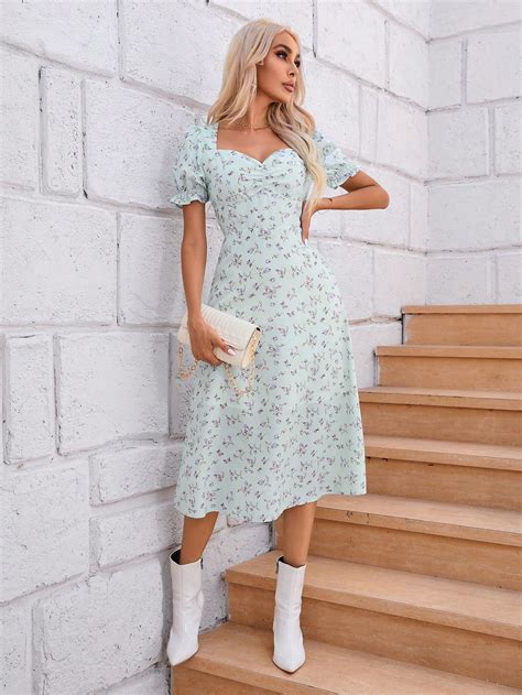 Shein Lune Allover Floral Print Sweetheart Neck Puff Sleeve Dress