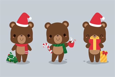 Set Of Cute Brown Bear Cartoon Characters In Festive Christmas Holiday