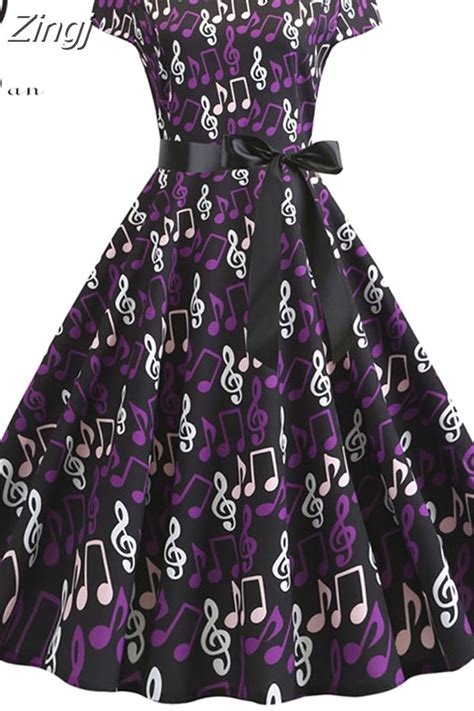 zingj women summer  note print dress   robe retro swing