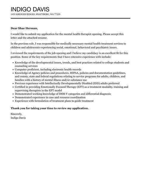 Mental Health Therapist Cover Letter Velvet Jobs