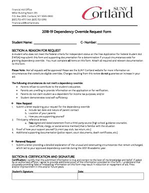 Fillable Online Www2 Cortland 2018 19 Dependency Override Request Form