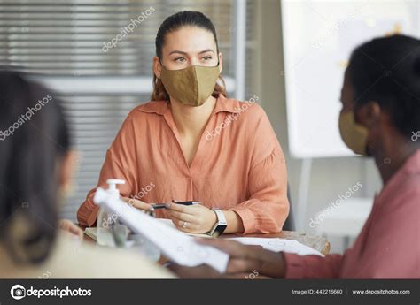 Portrait Modern Businesswoman Wearing Mask While Heading Business