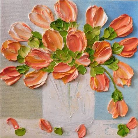 Tulip Oil Impasto Painting Coral And Pink Tulips Pantone Etsy