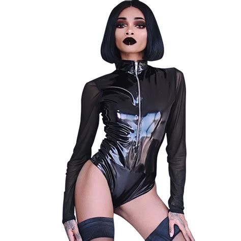 Sexy Women Pu Leather Bodysuit Sheer Mesh Splice Long Sleeve Zipper Turtleneck Bodycon Jumpsuit