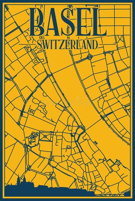 Hand Drawn City Road Network And Skyline Poster Of The Downtown Basel