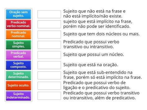 Tipos De Sujeito Predicado - Tipos de sujeito e predicado - Match up