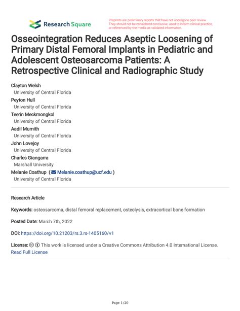 Pdf Osseointegration Reduces Aseptic Loosening Of Primary Distal Femoral Implants In Pediatric