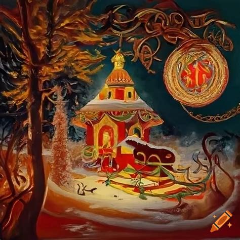 Oil Painting Combining Russian Fairytale Motifs And Celtic Designs