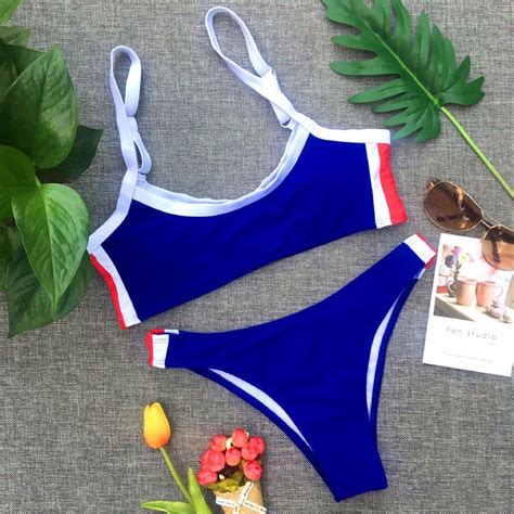 INS Bikini Blue White With Red Stripes Patch Push Up Swimsuit On Carousell