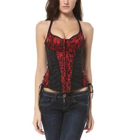 2017 New Sexy Plastic Bone Lace Up Back Black And Red Satin Corset Top With Halterneck Ribbon