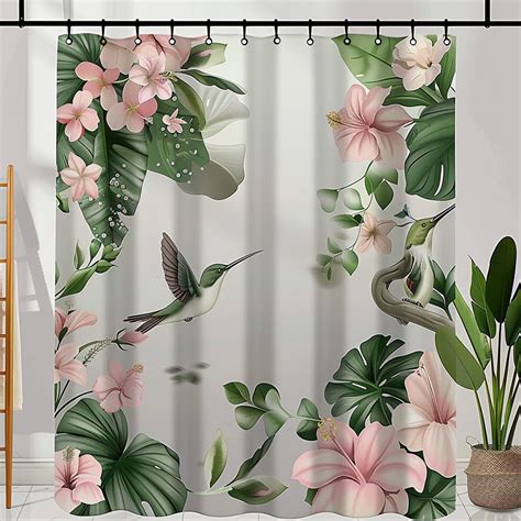 Tropical Floral Hummingbird Shower Curtain Bright Pink Flowers Green