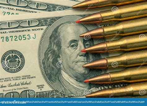 Combat Bullets From The Army Machine Macro On The Banknotes Of 100 The Concept And Symbol Of