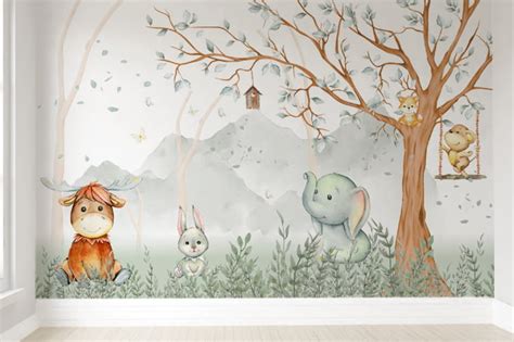 Papel De Parede Infantil Saf Ri Animais Na Floresta Para Quarto De Beb