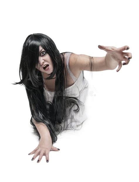 Mystical Ghost Woman In White Long Shirt Reach Out Her Hand Stock Photo