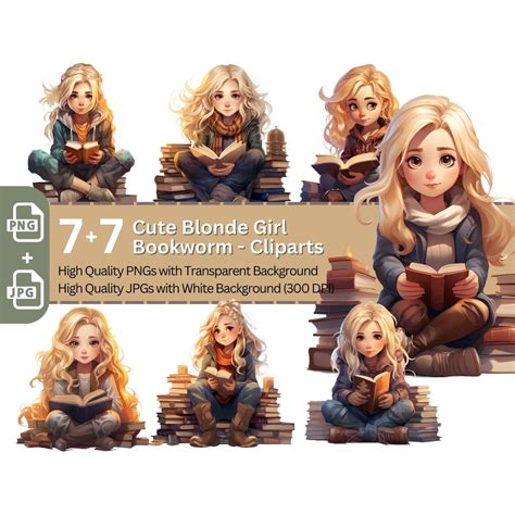 Cute Blonde Girl Bookworm PNG Clip Art Bundle For Book Lovers